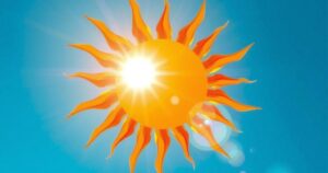 A stylized sun blazing in a clear blue sky, with a thermometer indicating high temperatures, emblematic of heat alerts.