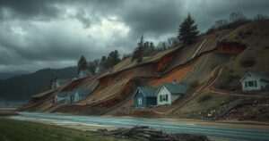 A devastated landscape with homes buried under mud and debris, depicting aftermath of a natural disaster with dark clouds.