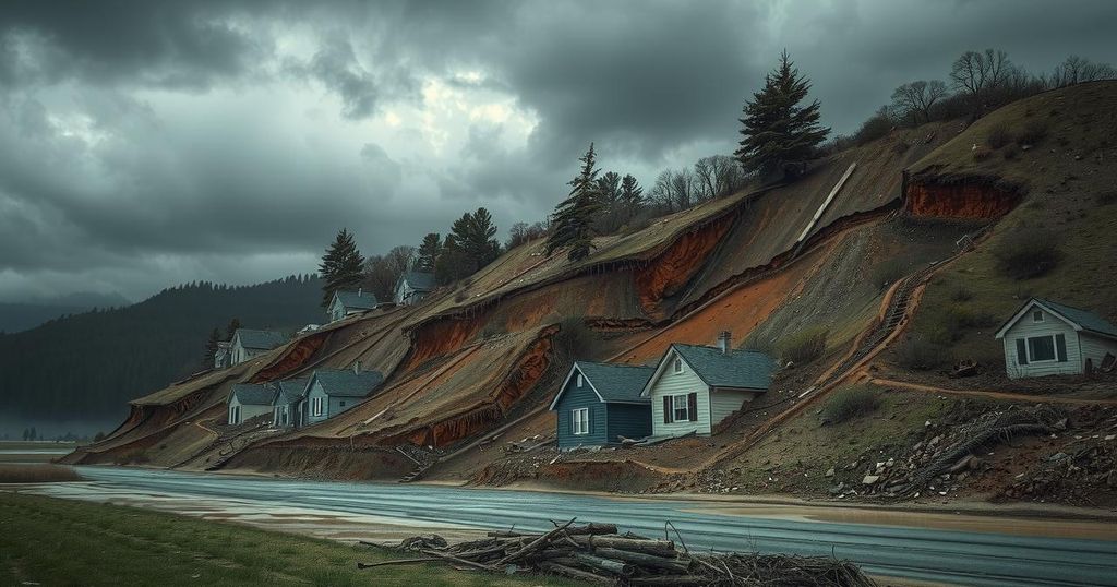 A devastated landscape with homes buried under mud and debris, depicting aftermath of a natural disaster with dark clouds.