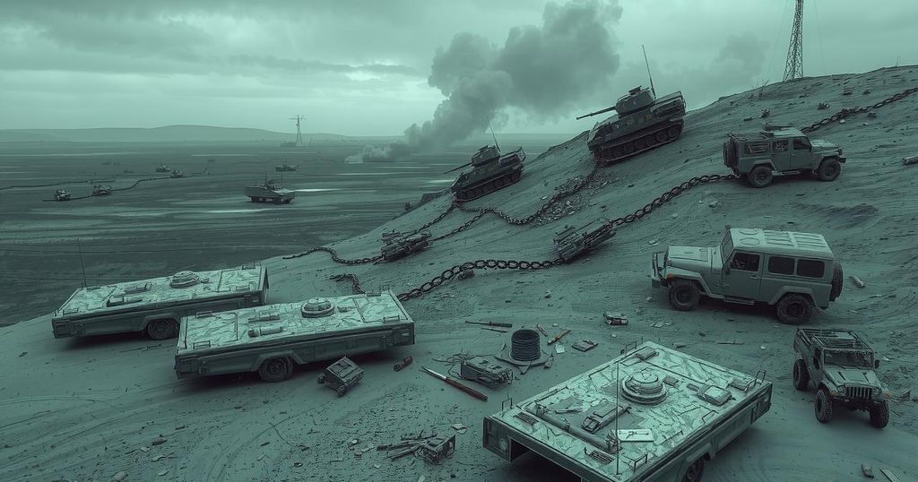 A somber landscape depicting military operations, reduced forces, and strategic maneuvering in muted tones.