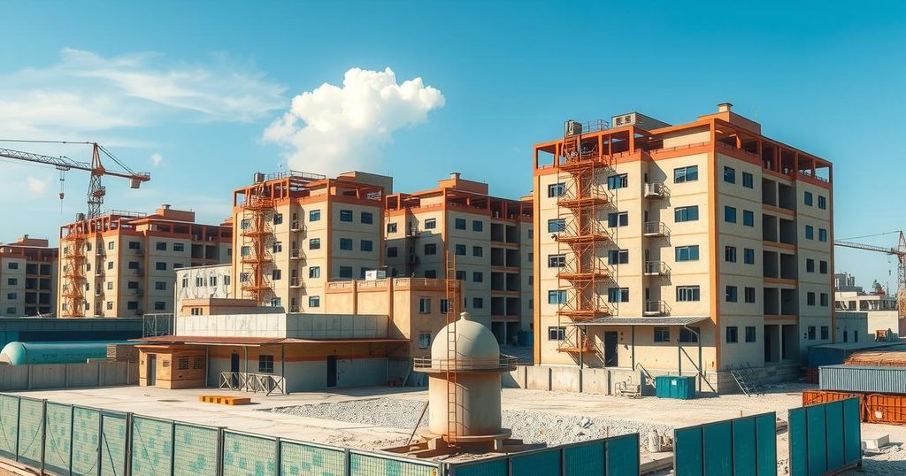 Construction site featuring dormitories and factories, symbolizing collaboration between nations in drone manufacturing.