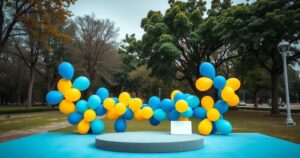A park scene with gathering balloons in shades of blue and yellow, trees surrounding an empty podium, subtle tension in the air.