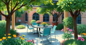 Colorful outdoor setting featuring a shaded area with a table and chairs, surrounded by lush greenery, promoting community engagement.