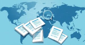 Abstract representation of intelligence gathering, featuring documents and a map, in vibrant shades of blue and gray.