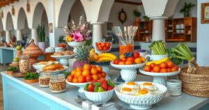 Colorful buffet spread featuring local cuisine, fruits, and healthy options at a Tunisian hotel breakfast.