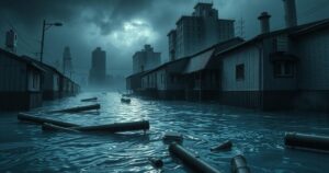 Dark, stormy scene with flooding water rising in a chaotic urban environment, highlighting impact of heavy rain.