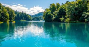 A scenic view of a clear blue lake surrounded by vibrant greenery under a bright sunny sky.