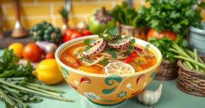 A vibrant Vietnamese noodle soup bowl topped with fresh herbs and pickled garlic, showcasing culinary mastery.