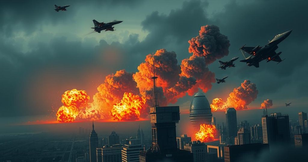 Dramatic military strike scene over a city skyline at sunset, highlighting aerial warfare and political tension.