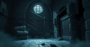 A shadowy prison cell illuminated by a single light, conveying a sense of confinement and tension.