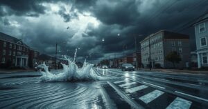 Stormy skies over Alexandria with dark clouds and hailstones falling on a flooded street.