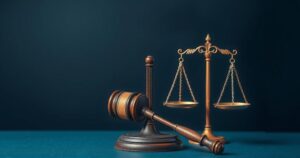 Abstract representation of justice with a gavel, scales, and dark tones symbolizing legal consequences and accountability.