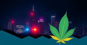 Illustration of a city skyline at night with police lights and abstract drug-related elements in dark tones.