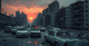 Destruction aftermath in a city with debris, damaged buildings, and smoke against a twilight sky.