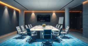Scene of a professional meeting in a modern conference room, featuring flags and documents implying discussions.