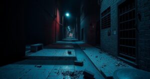 A dark alley in Johannesburg depicting safety concerns for women, with shadows and vague silhouettes representing danger.