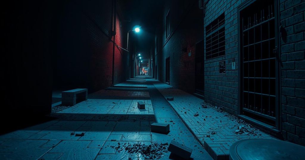 A dark alley in Johannesburg depicting safety concerns for women, with shadows and vague silhouettes representing danger.