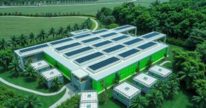 Vibrant view of an electric vehicle battery plant in Indonesia with modern architecture and lush surroundings.
