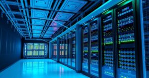 A conceptual digital data center powered by energy, featuring sleek server racks and vibrant lighting in Botswana.