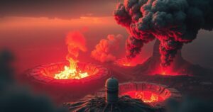 A dramatic depiction of a powerful air strike on a nuclear facility, showcasing deep craters and smoke in a moody palette.