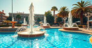 Vibrant summer scene depicting fountains and swimming pools in sunlit Mediterranean scenery, featuring bright colors.