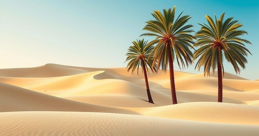 Desert landscape with sand dunes and palm trees under a blue sky, evoking Middle Eastern tourism.