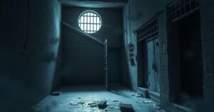 A somber prison environment set in El Salvador, with dark walls and a barred window, reflecting uncertainty and confinement.