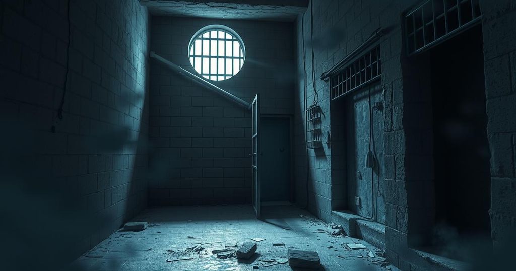 A somber prison environment set in El Salvador, with dark walls and a barred window, reflecting uncertainty and confinement.
