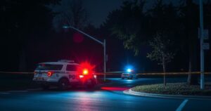 A dramatic night scene in a city park, with police tape and flashing lights from emergency vehicles in a moody color scheme.