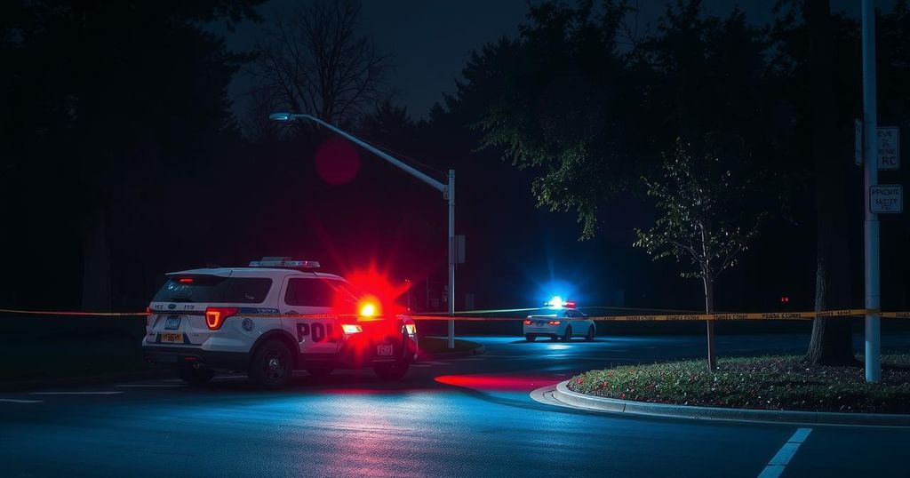 A dramatic night scene in a city park, with police tape and flashing lights from emergency vehicles in a moody color scheme.