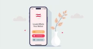 Illustration of a smartphone with donation buttons for Beirut relief, soft pastel colors, modern flat design style.