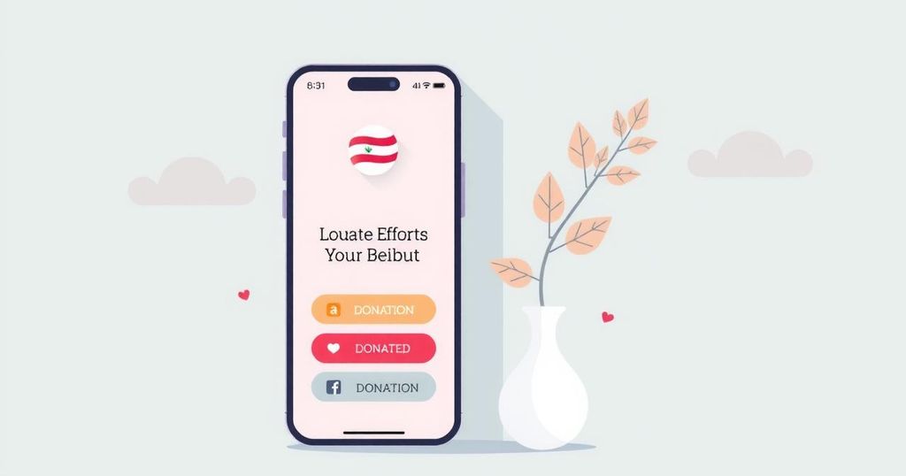 Illustration of a smartphone with donation buttons for Beirut relief, soft pastel colors, modern flat design style.