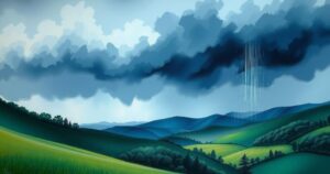 A serene landscape depicting rain clouds gathering over a lush green valley.
