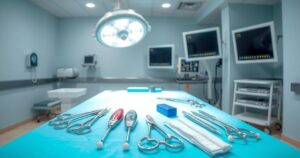 Surgeons' tools on a sterile table, symbolizing emergency surgical procedures and advanced trauma care.