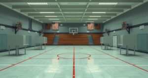 Slow voting at a school on primary day with empty booths and a quiet atmosphere.