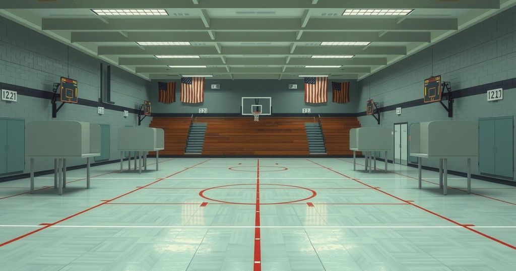 Slow voting at a school on primary day with empty booths and a quiet atmosphere.