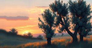 A peaceful landscape with olive trees under a soft twilight sky, symbolizing hope and resilience amidst turmoil.