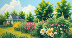 A serene landscape of summer in Missouri, featuring lush greenery, colorful flowers, and a bright blue sky.