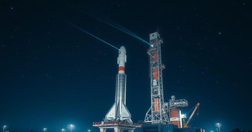 SpaceX Falcon 9 rocket on launch pad with a starry night sky in the background.