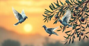 A symbolic representation of peace and diplomacy in the Middle East, focusing on olive branches and doves against a sunset background.