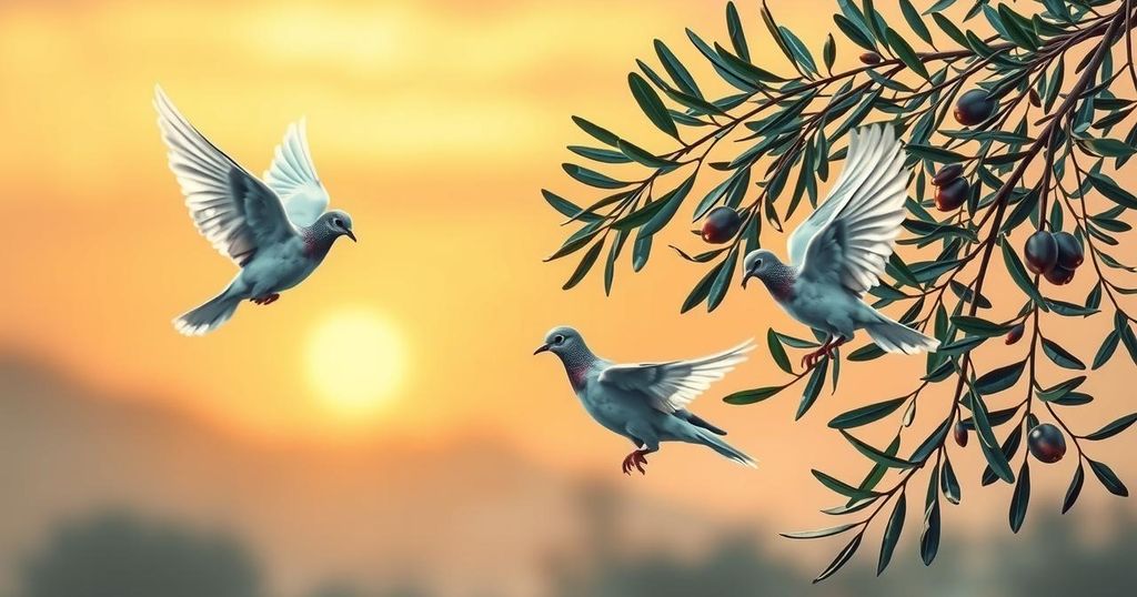A symbolic representation of peace and diplomacy in the Middle East, focusing on olive branches and doves against a sunset background.