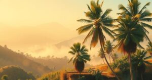 Hazy skies with swirling dust particles over a sunlit tropical landscape, depicting warm winds and heat.