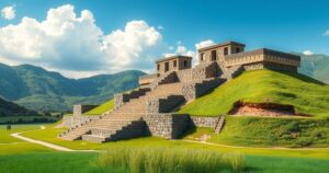 A serene landscape of Tiwanaku in Bolivia, featuring ancient stone ruins and lush greenery under a bright sky.