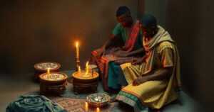 Traditional Ghanaian funeral rites with ceremonial items and vibrant textiles in a rich earthy color scheme.