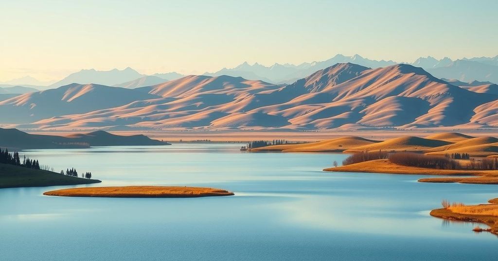 Kazakhstan landscape featuring a tranquil lake and distant mountains, representing family heritage and historical search.