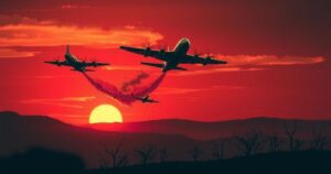 Destructive military aircraft silhouetted at sunset over a distant landscape with clouds of smoke and debris.