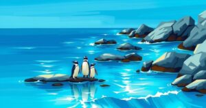 A serene seascape depicting a no-fishing zone near penguin habitats, emphasizing wildlife conservation with calming colors.