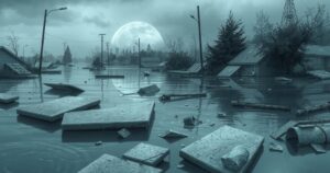 A serene landscape showing a flooded area with debris and submerged items, depicting nature's overwhelming power.