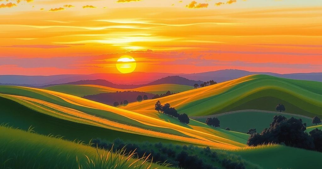 A tranquil landscape with rolling hills and a vibrant sunset symbolizing hope and renewal after tragedy.