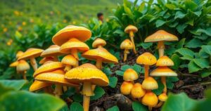 Vibrant mushroom farm showcasing diverse mushrooms in lush greenery, highlighting entrepreneurship in Ethiopia.